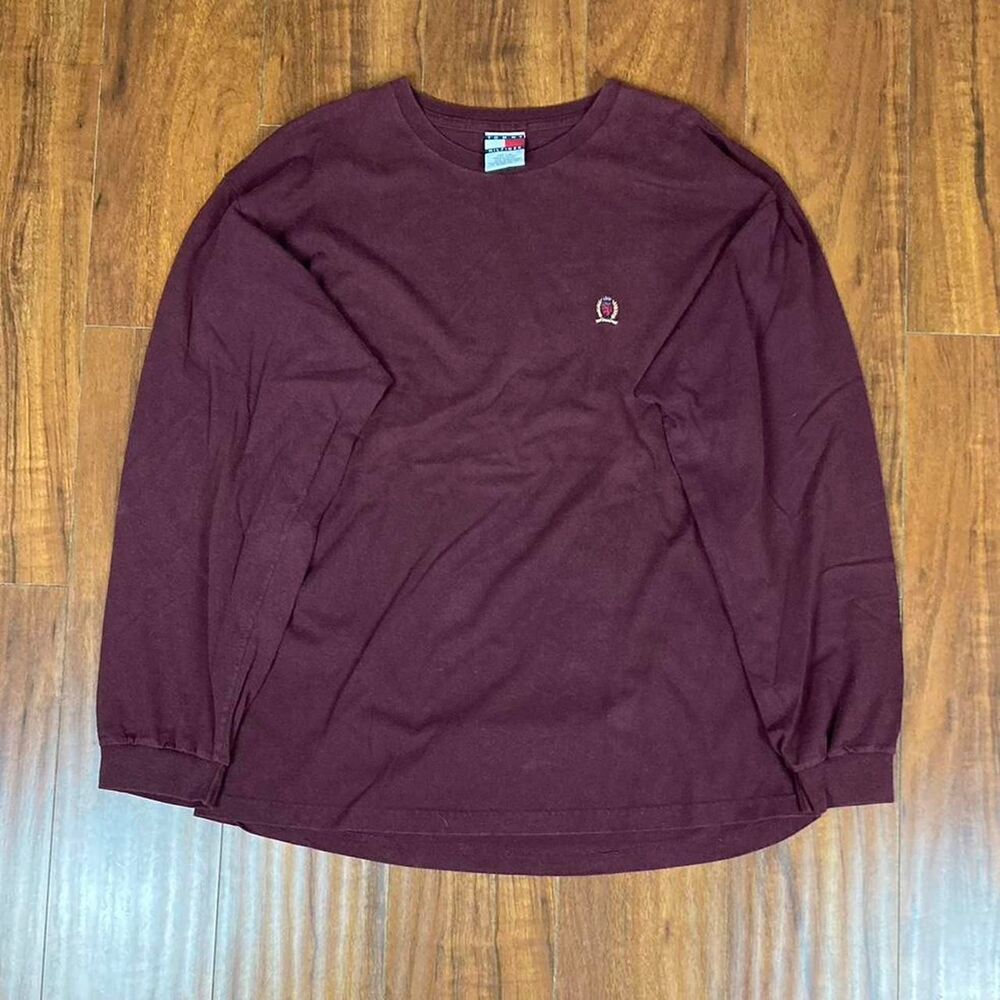 Vintage 1990s Tommy Hilfiger Maroon Long-Sleeve Shirt Size L